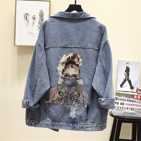 Sonicelife 2025 Autumn New Denim Jacket Women Harajuku Printed Frayed Beading Loose Casual Jeans Jacket Coat Outwear Female Jacket P521