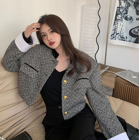 Sonicelife Vintage Striped Y2k Jacket Women Streetwear Long Sleeve Casual Tweed Short Suit Coat American Retro Stander Collar Tops New