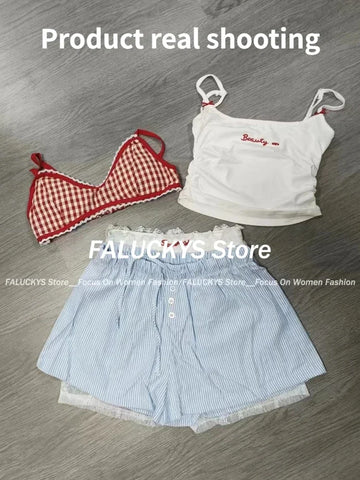 Sonicelife Summer Sweet Lace Slim 4 Piece Set Women Fashion Y2k Elastic V Neck Sling Plaid Tops Female + Elastic Waist Bow Short Pants 2025