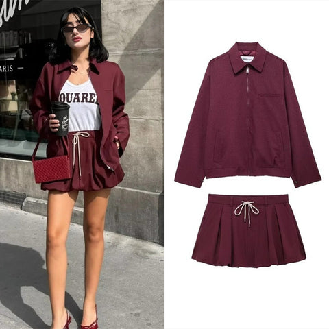 Sonicelife Spring Autumn Jacket Suit Women 2-piece Set Fashion Casual Women's Zipper Pocket Decoration Jacket Coat Lantern Mini Skirt Set