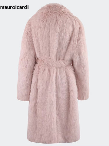 christmas outfit Sonicelife Spring Winter Long Oversized Pink Hairy Thick Warm Soft Faux Fox Fur Coat Women Sashes Loose Korean Fashion 2025