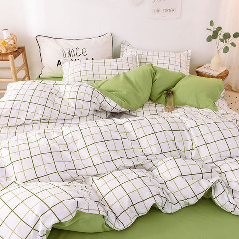 Sonicelife Classic Bedding Set Hot Sale Plaid Green Ins Single Queen Size Duvet Cover No Filler Flat Sheet Pillowcase Home Hotel Bed Linens