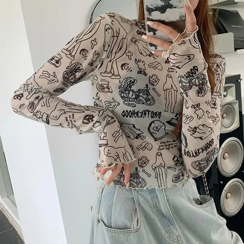 Sonicelife Y2K Mesh Sheer T Shirts Women Streetwear Cartoon Print Crop Tops Korean Sexy See Through Long Sleeve Slim Chic Tees New