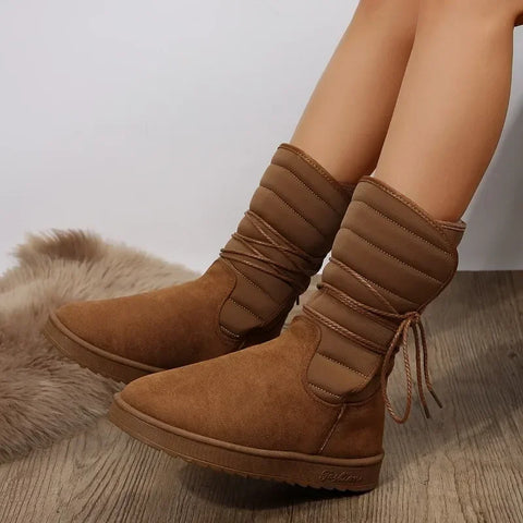 Sonicelife 2025 Platform Mid-calf Boots Womens Winter Warm Plush Suede Snow Boots Waterproof Designer Flats Lace Up  Cotton Shoe Boots