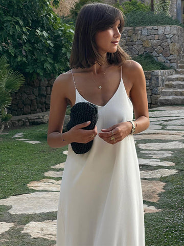 Sonicelife Fashion V Neck Hollow Out Ruffles Hem Midi Dress Elegant Backless Sleeveless Solid A-line Women's Dresses 2025 Summer Lady Robes