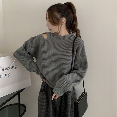 christmas outfit Sonicelife Korean lazy style off-shoulder sweater for women autumn and winter new sweater with small machine hollow design long-sleeved top