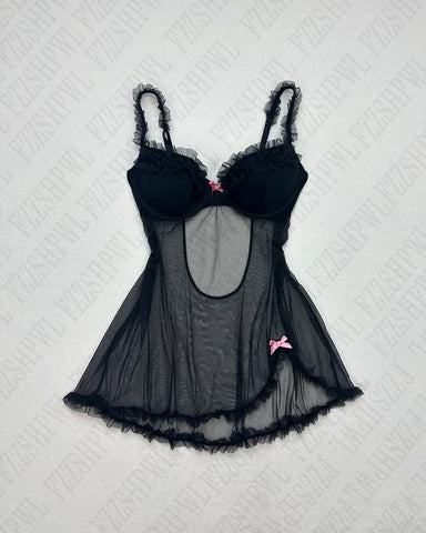 Sonicelife summer new fashion black transparent pajamas sexy home lace halter lace skirt Pink little bow dress Pajamas loose underwear Y2K