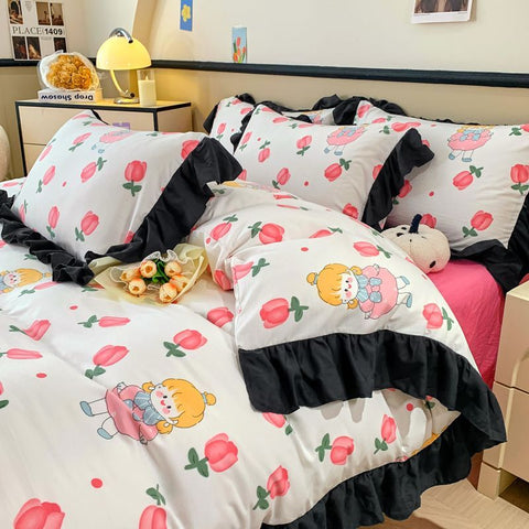 Sonicelife Ink Style A-class Skin Friendly Washed Cotton Four Piece Set With Lotus Leaf Lace Bedding, Bedsheet, Duvet Cover, Single Bed