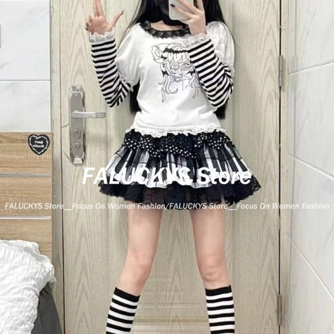 Sonicelife Y2k Gothic Punk Black White Short Skirt Women Hot Chick Darkly Polka Dot Ruffle Cake Skirt Female Sweet Chic Lolita Lace Skirts