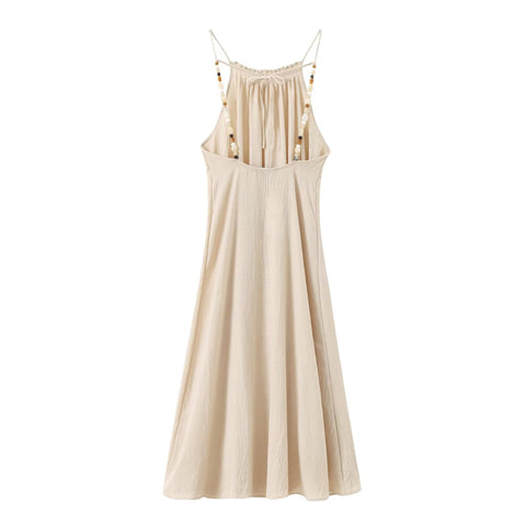 Sonicelife Women's Long Dress with Straight Neckline and Backless Design Beaded Embellishment Suspender New