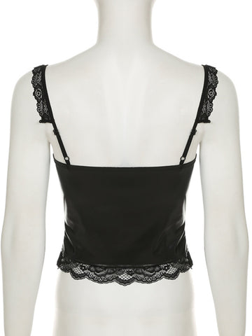 Sonicelife Harajuku Gothic Pu Vest Women Streetwear Dark Cyber Punk Hotsweet Aesthetic Lace Patchwork See Through Crop Tank Tops