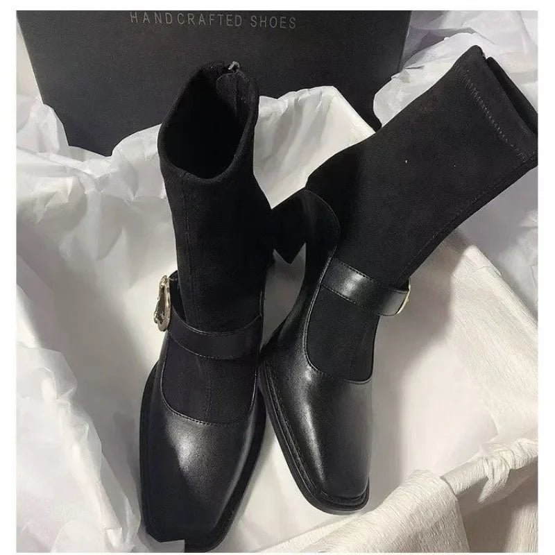 Sonicelife Suede Women Chunky Ankle Boots Mid Heels Fashion Leather Shoes  2025   Trend Goth Chelsea Boots Pumps New Muejr Snow Botas