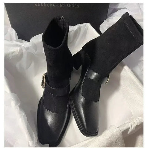 Sonicelife Suede Women Chunky Ankle Boots Mid Heels Fashion Leather Shoes  2025   Trend Goth Chelsea Boots Pumps New Muejr Snow Botas