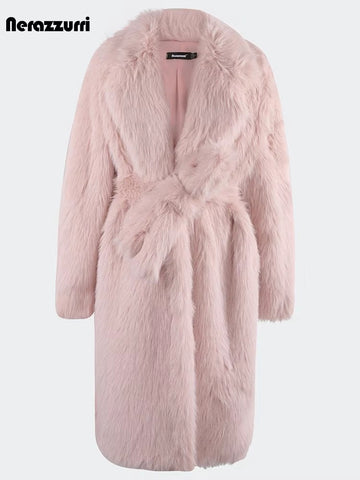 christmas outfit Sonicelife Spring Winter Long Oversized Pink Hairy Thick Warm Soft Faux Fox Fur Coat Women Sashes Loose Korean Fashion 2025