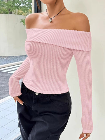 christmas outfit Sonicelife Long Sleeves Skinny Pleated Solid Color Split-Joint Off-The-Shoulder Sweater Tops