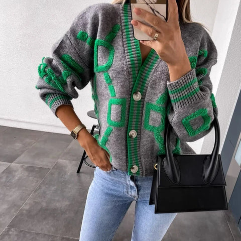 Sonicelife Women V-neck Knitted Cardigan Sweater Letter Printed Long Sleeve Loose Buttons Sweater Coat For Women 2024 Autumn Winter