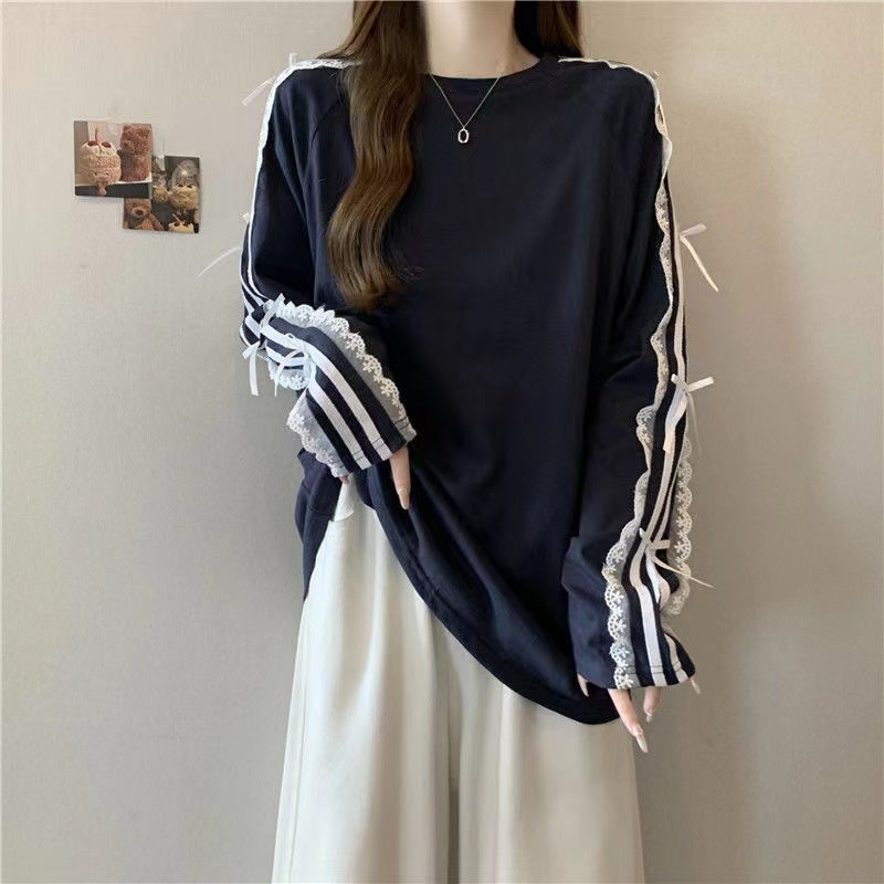 Sonicelife Sweet Loose Long Sleeve Patchwork Lace Tops Harajuku High Street Korean All Match Oversieze Women Clothing Y2k Aesthetic Tees