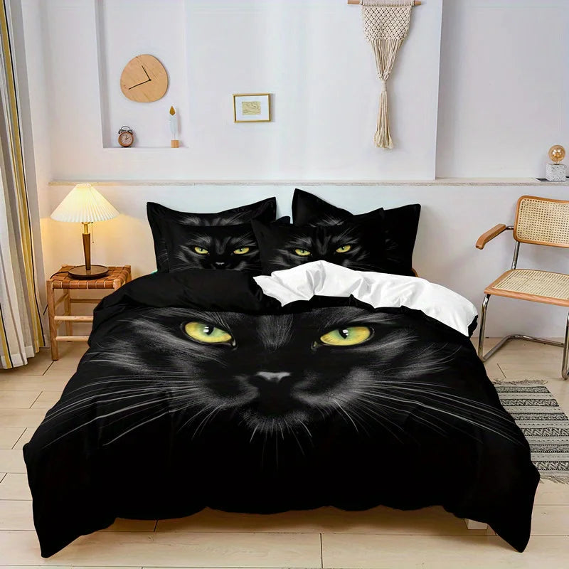 Sonicelife 3pcs Duvet Cover Set, Black Cat Print Bedding Set, Soft Comfortable Duvet Cover, For Bedroom, Guest Room