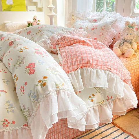 Sonicelife Princess Style Bedding Set Cute Korean Ruffles Single Double Queen Size Duvet Cover Sheet Pillowcase Girls Bedspread