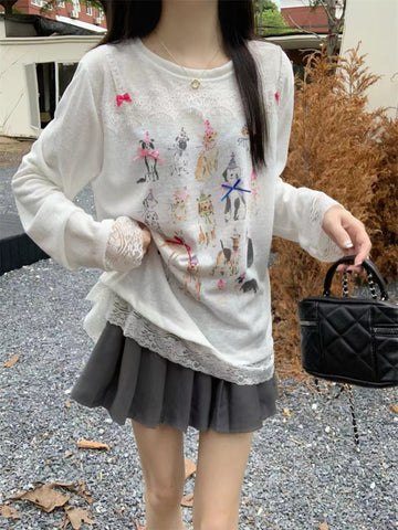 Sonicelife Y2k Harajuku Cartoon Print Long Sleeve Tops Women Sweet 2000s Aesthetic Tees Spring Cute Core Design Casual Loose T-Shirts New