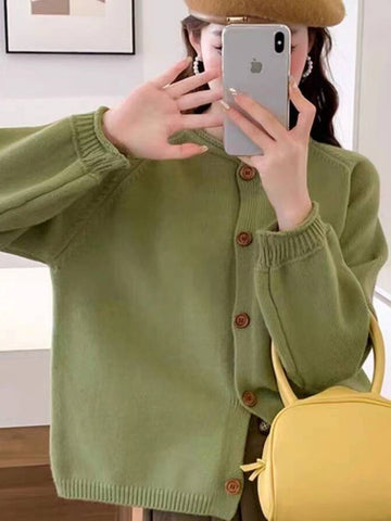 Sonicelife Women Vintage Sweet Cardigan Sweaters Japan Loose O Neck Single Breasted Knitted Coat Fall Casual Retro Female Solid Tops