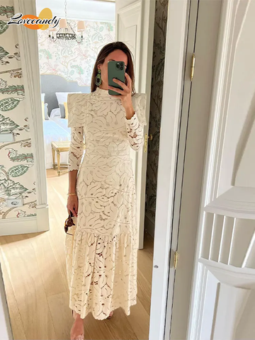 Sonicelife Elegant Hollowed Lace Maxi White Dress Women Fashion Mock Neck Long Sleeved Shoulder Padded Robes 2025 Evening Women's Clothing