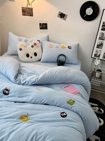 Sonicelife Korean Style Fresh Bedding Set Water Washed Cotton Cute Towel Embroidered Duvet Covers, Bed Sheets, Dormitory