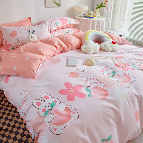 Sonicelife Garden Flowers And Cute Rabbit Pattern Duvet Cover Nordic Style Full Size Bedding Sets Queen Double For Girls Gift Pink