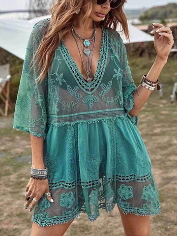 Sonicelife-Lace Loose Beach Vacation Bikini Cover-Up Dress