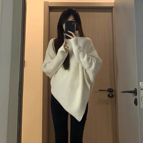 Black Friday Sonicelife Irregular Knit Pullover Women Fashion Lazy Loose Solid Elegant Turtleneck Sweater Chic Vertical Pit Strip Harajuku Y2K Jumpers