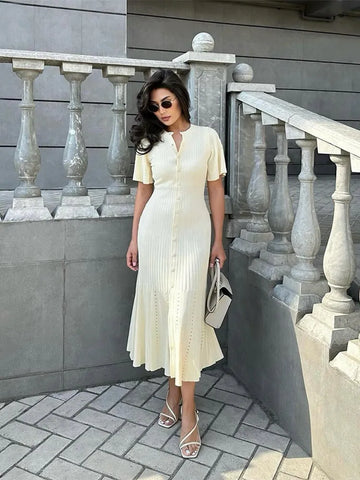 Sonicelife Elegant Knitted Hollow Out  Dress For Women Fashion Solid Single Breasted Short Sleeved Slim Dresses New Lady Commuting Robe