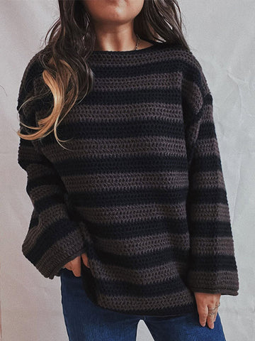 Black Friday Sonicelife Casual Knitted Striped Sweaters Women Vintage Loose Long Sleeve Pullover Sweater Female Autumn Thick Soft Versatile Knitwear