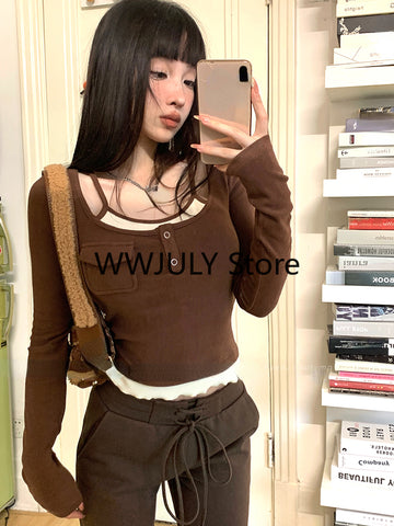 Sonicelife Korean Fashion Knitted Fake Two Tops Basic Slim Bodycon Sweater Blouse Outwear Design Long Sleeve Clothing 2025 Autumn Chic