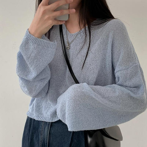 Sonicelife Solid Color V-Neck Oversized Knitted Tee