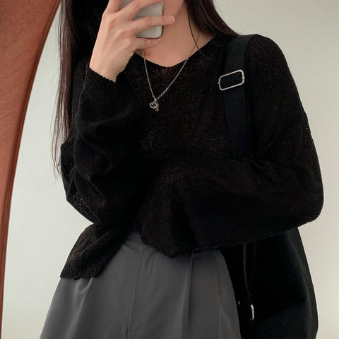 Sonicelife Solid Color V-Neck Oversized Knitted Tee