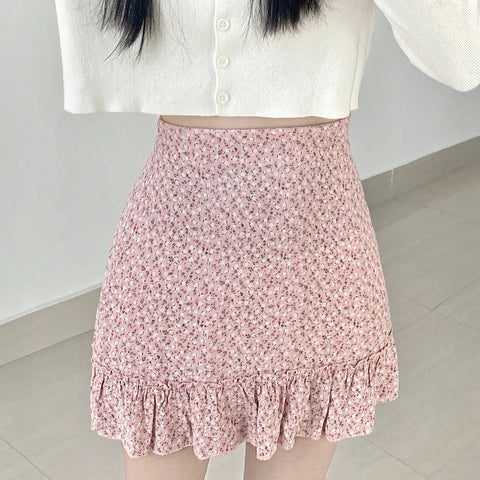 Sonicelife Sweet Pink Floral Mini-Skirt Femme Summer Elegant Fashion Streetwear Ruffle Holiday Skirt Women High Waist Faldas Y2K Vintage