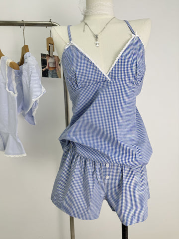 Sonicelife Cute Blue Striped 2 Piece Set Outfits Women New Buttons T-shirts+Buttons Straight Short Pants Sweet Lace Trim Blouse Shorts Sets