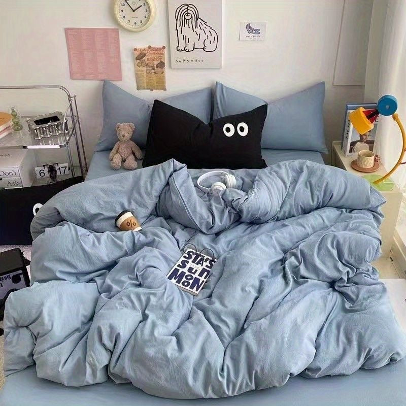 Sonicelife Cute Duvet Cover Set with Sheet Pillowcase No Filler Warm Solid Color Bed Linen Full Queen Size Korean Big Eyes Home Bedding Set