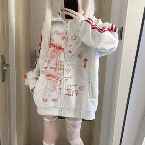 Sonicelife Japanese Y2k Aesthetic Cartoon Print Tshirts Women Turn Down Collar T-shirt Streetwear Slim Zipper  Bottoming Tee Shirts Femme