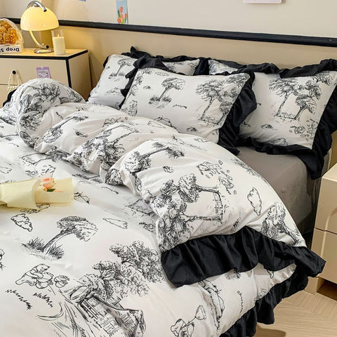 Sonicelife Ink Style A-class Skin Friendly Washed Cotton Four Piece Set With Lotus Leaf Lace Bedding, Bedsheet, Duvet Cover, Single Bed