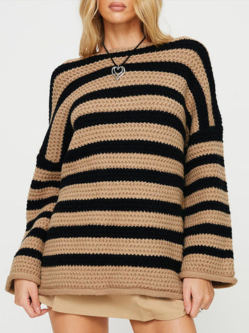 Black Friday Sonicelife Casual Knitted Striped Sweaters Women Vintage Loose Long Sleeve Pullover Sweater Female Autumn Thick Soft Versatile Knitwear