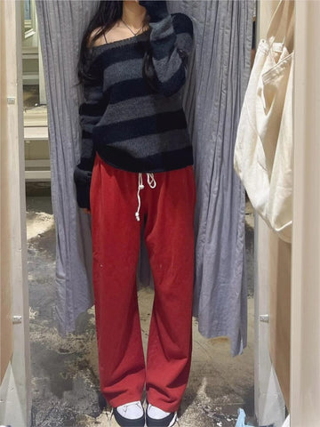 Sonicelife Red Drawstring Elastic Waist Oversized Retro Trouser Woman Casual Wide Leg Pant Loose Y2K Harajuku Sweatpants Cototn Blend