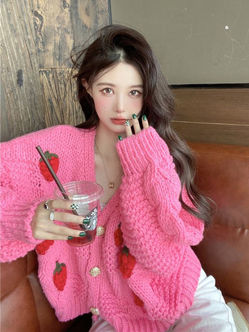 Sonicelife 3D Strawberry Sweet Cardigan Women Loose Long Sleeve Fashion Knitted Sweaters Korean Lazy Wind Casual Female Soft Cardigans