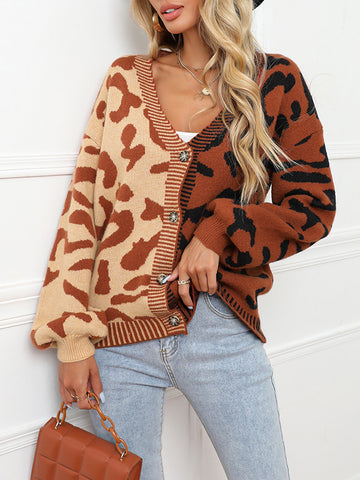 christmas outfit Sonicelife Long Sleeves Loose Buttoned Leopard Split-Joint V-Neck Cardigan Tops