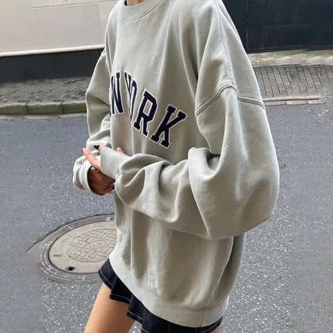 Sonicelife Letter Embroidery Oversize Sweatshirts Women Autumn O Neck Long Sleeve Cotton Soft Hoodie Vintage Streetwear Pullovers Women