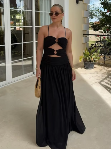 Sonicelife Women Hollow Out Sling Dress Fashion Metal Ring Pleated Sleeveless A-line Maxi Dresses Summer Ladies Evening Party Gowns Robes