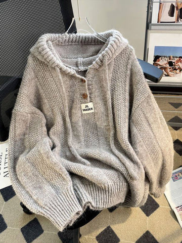 Black Friday Sonicelife Korean Loose Solid Hooded Sweater Women Casual Knitted Buttons Soft Pullover Sweaters Female Autumn Chic Daily Warm Streetwear