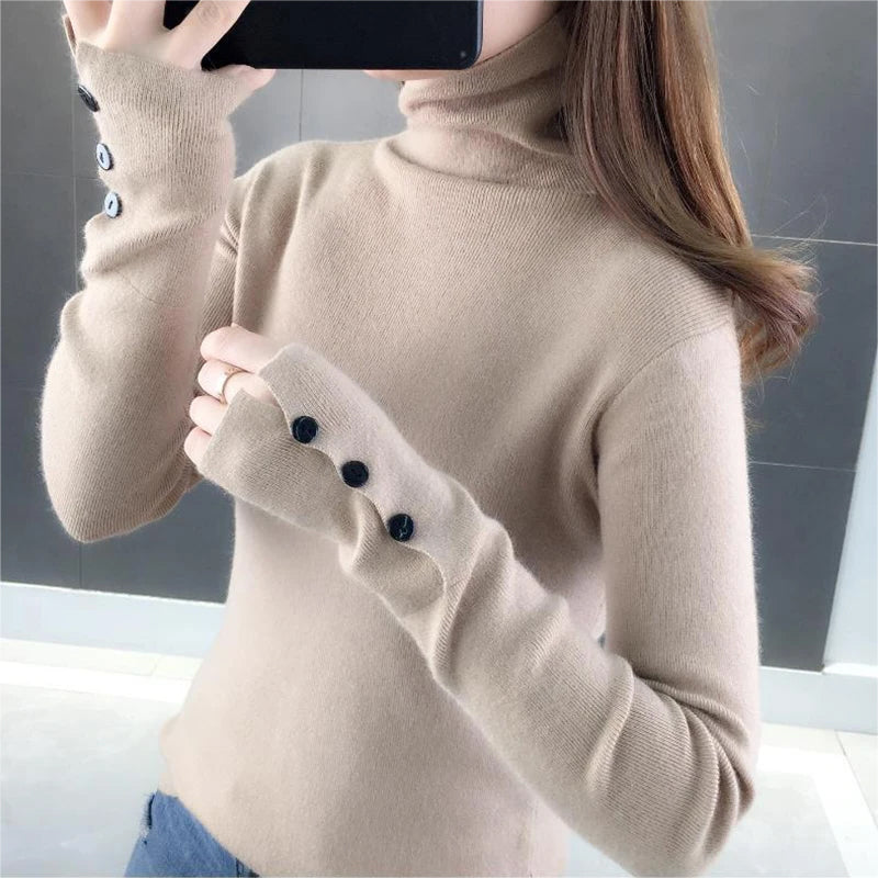 Sonicelife Women Turtleneck Solid Warm Sweater Buttons Long Sleeve Knit Basic Pullover Slim Office Jumper For Women 2024 Autumn Winter