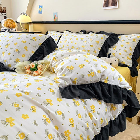 Sonicelife Ink Style A-class Skin Friendly Washed Cotton Four Piece Set With Lotus Leaf Lace Bedding, Bedsheet, Duvet Cover, Single Bed
