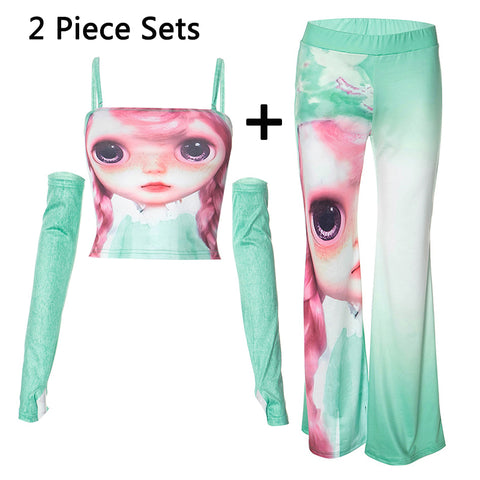 Sonicelife Kawaii Lady Cute Doll Printed 2 Piece Camis Top Pants Suits Asymmetric Camisole High Waist Flare Pants Two Piece Y2K Outfits